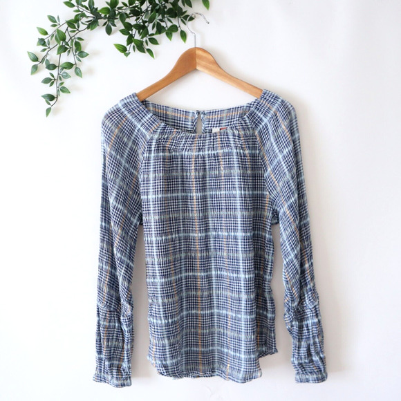 Pilcro Anthropologie Blue Gold Plaid Long Sleeve Gauze Cotton Top Size Small - Picture 1 of 4